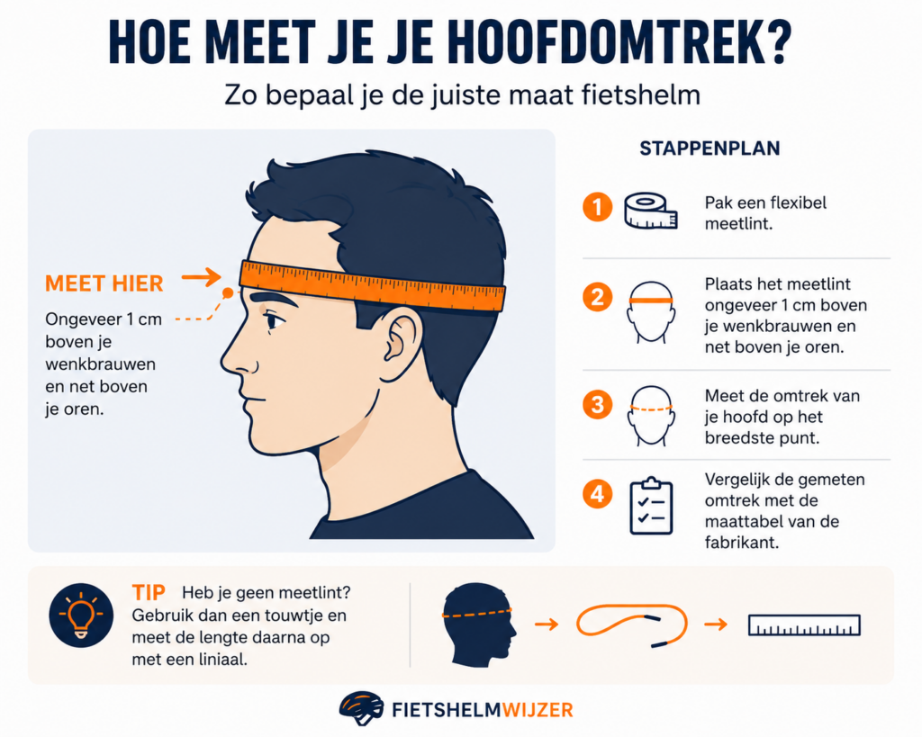 Infographic die laat zien hoe je de hoofdomtrek meet voor de juiste maat fietshelm.