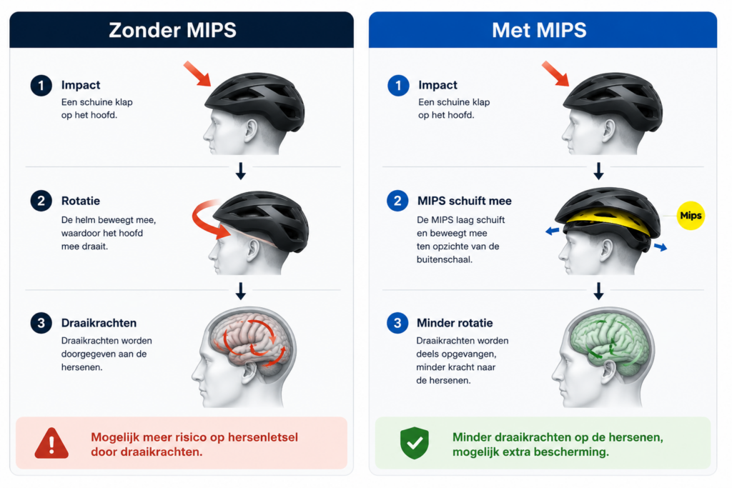 Infographic over het verschil tussen een fietshelm met en zonder MIPS bij een schuine impact.